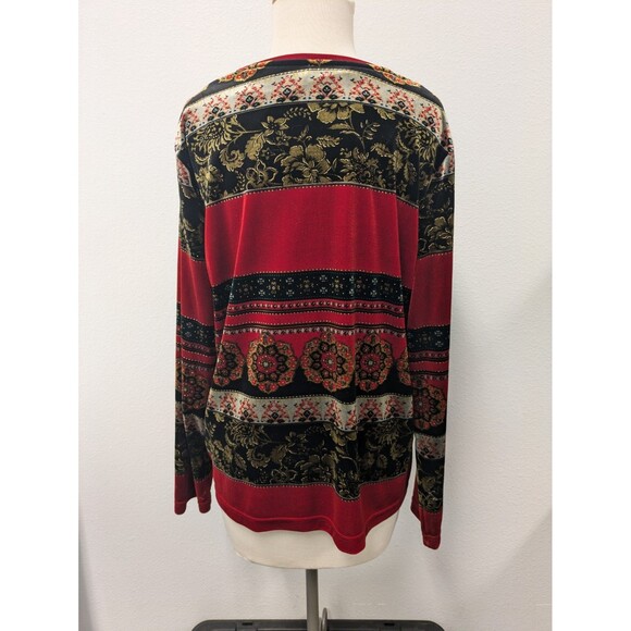 White Stag Black/Red Crushed Velvet Christmas Floral Print Long Sleeve Top sz L - Picture 9 of 11